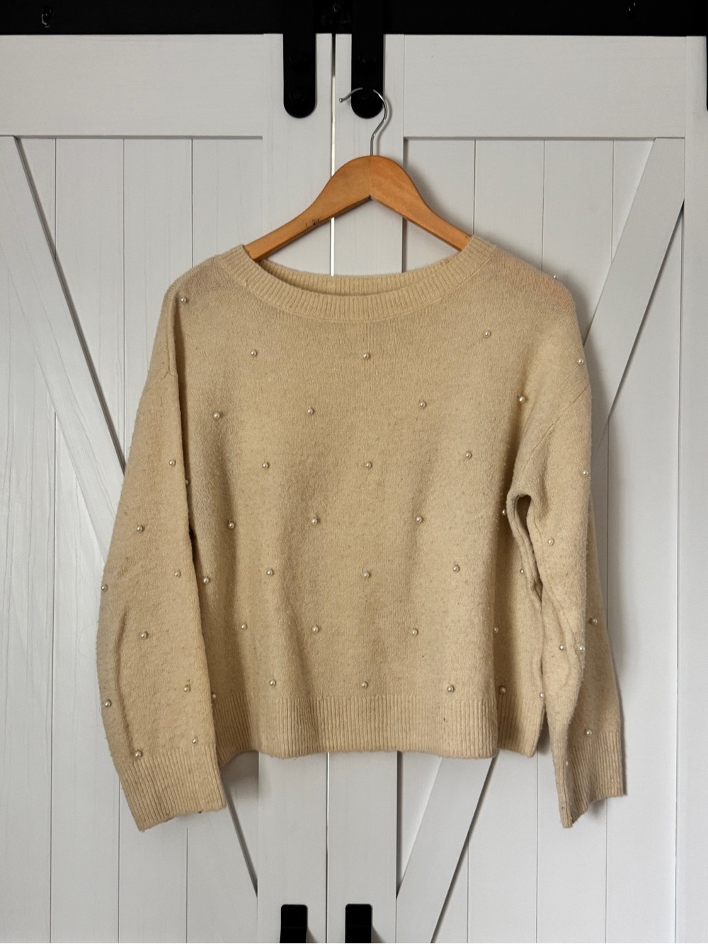 H&M Cream Pearl-Embellished Crewneck Sweater